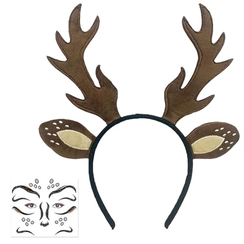 BOGCLEE Reindeer Headband Deer Antler Headband Deer Face Tattoo Brown Antler Headbands Party Cosplay Cute Christmas Antlers Headbands for Halloween Carnival Elves Party