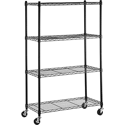 Review Hlyluoyi 4 Shelf Garage Shelving Unit, Metal Shelves with Wheels Heavy Duty, Adjustable Storage Rack, NSF Wire Shelving, Utility Shelf for Kitchen Pantry Rack, Black (15.7D x 23.6W x 49.8H)