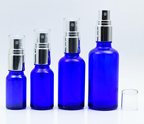 MT Bottles & Jars 50 Pc Leere Cobalt Blue Glass Spray-Flaschen mit Silber Atomizer Cap Nachfüllbar Essential Oil Bottles Großhandel Boston Round Duftstoff-Flasche 10 ml