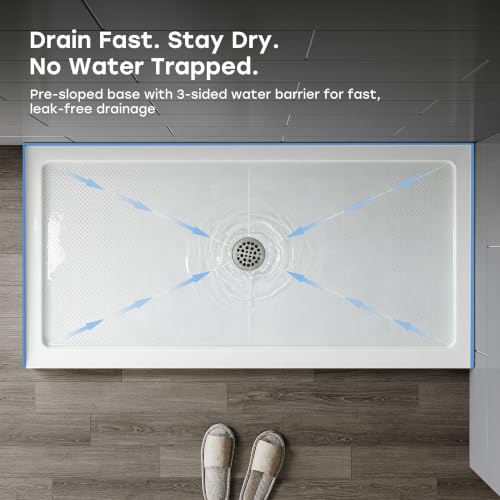Image of HOROW 60 inch x 30 inch Shower Base, Center Drain Shower Pan, Low Profile Acrylic Base with Reinforced Fiberglass, Non-Slip Surface, Stainless Steel Drain Cover, Leak-Resistant for Bathroom