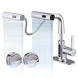 Dornberg Waterfall Bathroom Faucet with Pull Out Spraye, Liftable Bathroom Faucet, 3 Modes Digital Temperature Display Bathroom Sink Faucet with Deck Plate & Pop-up Drain - Chrome