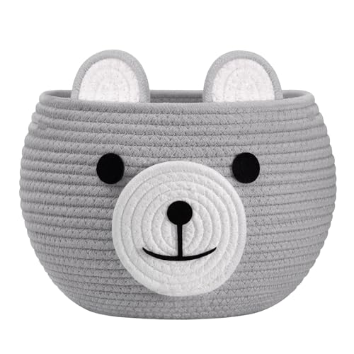 Image of CherryNow Baby Basket for Nursery, Bear Gift Baskets Empey for Kids, Diaper Caddy Baby Shower Basket, Cute Animal Baskets for Toy Storage, Light Grey, 10.5 inchD x 8.5 inchH