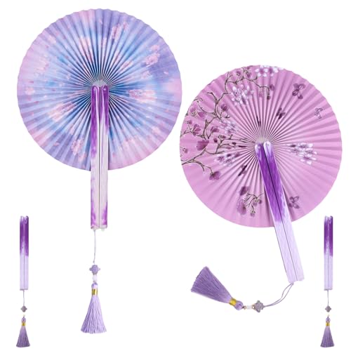 LEIMEND 2 Pieces Decorative Folding Fans Purple Folding Paper Fan Round Paper Handheld Fans Folding Fans with Magnets and Tassels Home Wall Tabletop Decor Dance Props