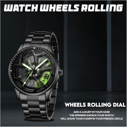 Image of V2A Men's Analog Watch with Spinning Wheel Dial - Black and Green| Stylish Stainless Steel Band | Water & Scratch Resistant - Model 2310