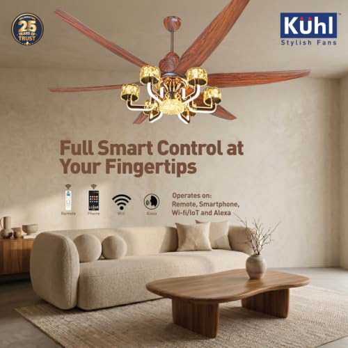 Image of KUHL Centauri 6 1670mm BLDC Ceiling Fan with Chandelier & Remote | 37W Power Saving (Upto 65%) | High Airflow & Low Noise | Smart IoT | Reverse Mode | Free Installation | 5Year Motor Warranty (Teak)