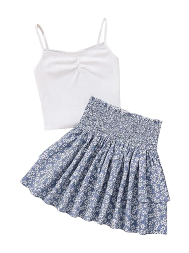 Image of RoseSeek Girl's 2 Piece Outfits Lace Ruched Camisole Tops and Shirred High Waisted Layered Floral Skirts Set