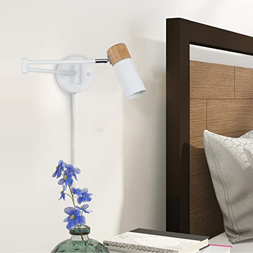 Plug In Wall Sconces, Swing Arm Wall Lamp With Plug In Cord For Bedroom, Living Room, Nordic Modern Wall Mounted Reading Light Fixture, Rotatable Wood Base Metal Cylinder Lampshade, White (No Bulb) #TOP1