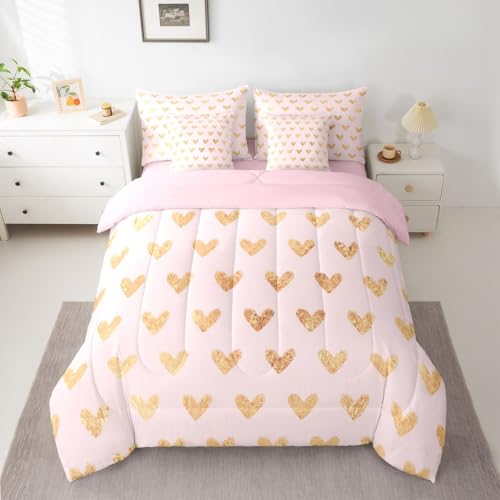 Image of Erosebridal Cute Heart Pattern 7 Piece Comforter Set Queen Bed in A Bag Gold Pink Bedding Set for Girls Kids Valentine Love Geometric Sheet Set with Comforter Love Heart Duvet Insert