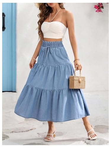 SweatyRocks Women's Boho Demin Maxi Skirt Ruffle Flowy High Waist Bow Decor Jean Long Skirts4
