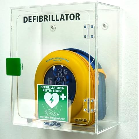 Erste Hilfe Defibrillator (AED) HeartSine SAM 360P, mit automatischer Schockauslösung für Laien und Profis, inkl. Acrylglaswandkasten mit Alarm Cover