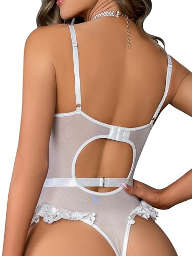 Image of Lilosy Sexy Stocking Lace Mesh Bodysuit Top Underwire Garter Lingerie Set 3 Piece