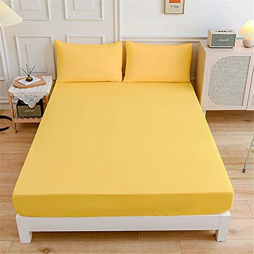 Mateju Sábana Bajera de Microfibre Color Sólido, Protector de Colchón Ajustables Cómoda y Transpirable con Elástica Bolsillo Profundo para Grueso Colchón Alto de 27 cm (Amarillo,90x200x27cm)