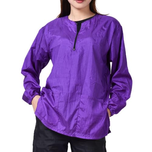 suweisua Dog Grooming Smock for Men Women, Anti-Static Smock for Pet Shop Dog Cat Grooming Bathing, Long Sleeves, Water Resistant and Hair Proof, (Solid Purple XL)