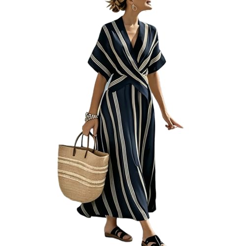 Image of Zeiayuas Summer Dress for Women UK Striped Shirts Dresses Boho Beach Maxi Dresses V Neck Half Sleeve Oversized Tunic Baggy Casual Long Dress Floaty Summer 3/4 Sleeve Sundress for Office Work Navy