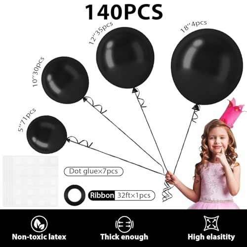 140pcs Balloon Arch Kit, Black Balloons of Different Sizes Pack of 18 12 10 5 Inch Party Balloon Kit for Birthday Party or Balloon Arch as Graduation Wedding Baby Shower Anniversary Party - Image 3