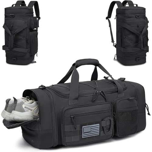 TONRUYN 3 in 1 Tactical Travel Duffle Bag Backpack for Men Women 40-45L Expandable Gym Bag & Sport Duffel Bags for Travel with Shoe Compartment & Wet Pocket, Weekend Overnight bag for Caming, Black