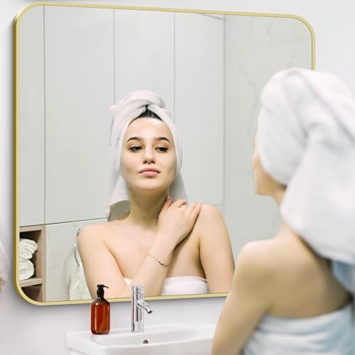 Image of Gold Bathroom Mirror, 42x42 Inch Metal Framed Square Mirror, Rounded Corner Gold Vanity Mirror, Large Wall Mounted Mirrors for Living Room Bedroom Entryway Hangs Horizontal or Vertical