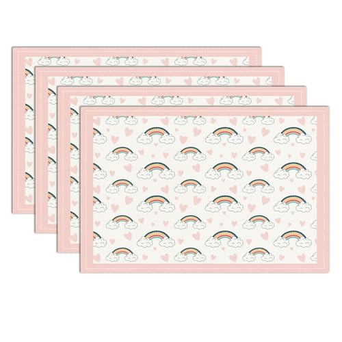 4 PCS Cute Rainbow and Cloud Placemats, Wipeable Washable Heat-Resistant Linen Fabric Table Place Mats, Pink Non-Slip Placemat for Kids Kitchen Table...
