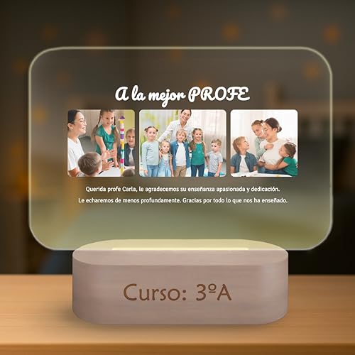 Candeeiro personalizado com fotos e texto, presente para professor, detalhe final de curso, luz LED, presente original para professores infantis ou primários, placa de metal (professor)