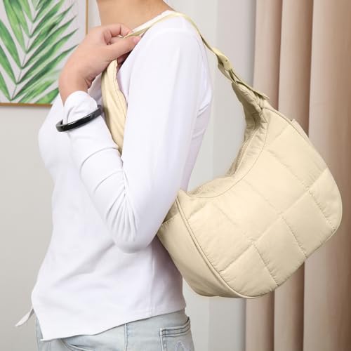 Image of Small Puffer Crescent Underarm Shoulder Bag for Women, Nylon Quilted Purses Handbags with Adjustable Strap, Khaki