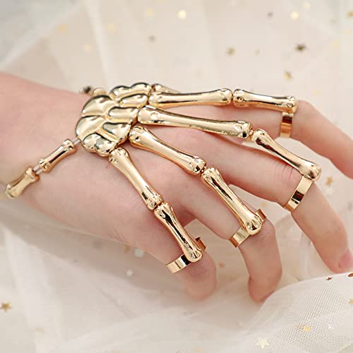 JWICOS Halloween Exaggerate Skull Skeleton Finger Hand Bracelet with Rings Metal Gothic Bangle Bracelet for Women (Gold)3