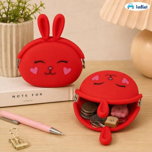 Image of FunBlast Cute Bunny Shape Silicone Coin Purse for Kids & Adults - Mini Pouch for Coins, Earphones, Keys & Small Essentials, Aesthetic Pouches for Girls & Women - 12 X 9.5 X 3 Cm (Bunny-Red)