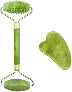 Rolo de jade e placa de raspagem Conjunto de pedra de jade ferramentas de massagem para cuidados com a pele facial anti-envelhecimento rosto olho pescoço rolo de beleza massageador facial