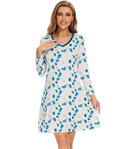 WiWi Bamboo Viscose Nightgowns for Women Soft Satin V Neck Sleep Shirt Long Sleeve Lightweight Plus Size Nightshirt S-4X, White/Teal Blue Dots, Small