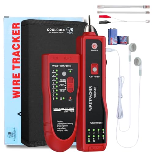 Image of COOLCOLD Lan Tester | Ethernet Wire Tracker | Network Cable Tester | RJ11 RJ45 CAT5 /5e CAT6 LAN Wire Portable Line Finder for Miss Wiring Disorder Cable Open and Short Circuit Testing (Red)