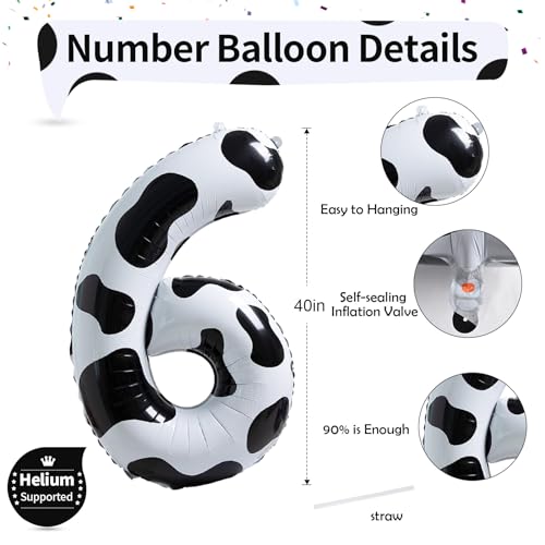 Image of Giant Number Balloons 6, Cow Print Number 6 Balloons for Boys, 40 Inch Foil Helium Number Balloon for Girls 6th Birtyday Party Decor Farm Animal Theme Cowboy Cowgirl Theme Party Decoration Supplies