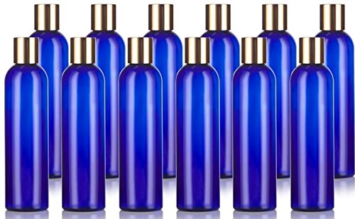 JUVITUS 8 oz Cobalt Blue Plastic Round Slim Bottles with Gold Disc Cap (12 pack) + Labels