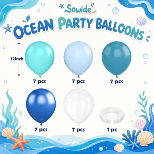 Image of Ocean Themed Party Balloons, 12 Inches Turquoise Teal Blue Clear Metallic Balloons for Ocean Shark Sea Themed Pool Party Baby Shower Birthday Beach Decorations