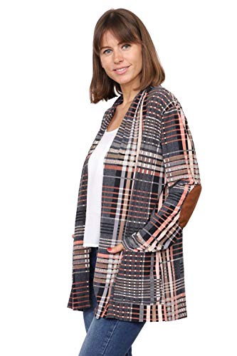 Image of Eloges Women's Multi Stripe Soft Knit Open Cardigan with Suede Elbow Patch