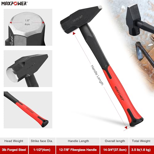 Image of MAXPOWER 3LB Cross Pein Hammer, with 12-7 /8 inch Fiberglass Handle, Drop Forged Steel Head