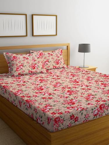 Image of 100% Cotton Elastic Fitted Bedsheets with 2 King Size Pillow Covers Double Bed with All Around Elastic Supersoft Size - 72 King Sizex78+10 inches Pink & Beige 200 tc - 220 tc