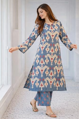 Image of ANNI Designer Kurta Sets for Women Cotton Blend Printed | Kurti Set for Woman | Kurta Palazzo Dupatta Set | Straight Kurti | Round Neck V-Slit Full Sleeve Suit Set for Women Stylish Ethnic Outfit