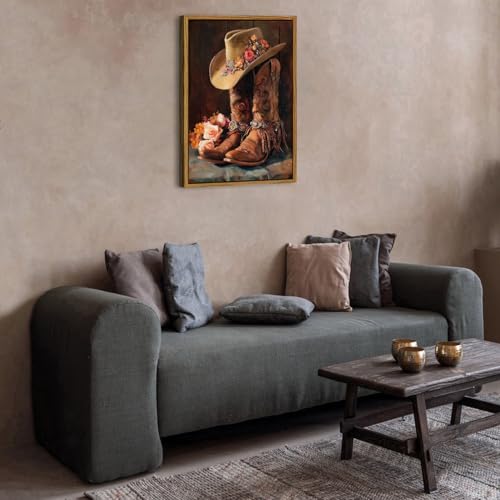Image of Western Wall Art Framed Cowgirl Boots Canvas Prints Rustic Cowboy Hat and Leather Boots Floral Painting Country Farmhouse Western Decor for Living Room Bedroom Aesthetic Artwork Home Decoration 24x36