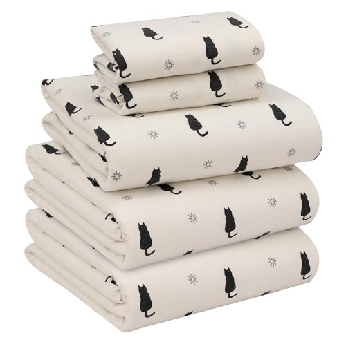RUVANTI Flannel Sheets Split King Size - 100% Cotton Brushed Split King Bed Sheets Set, Deep Pockets 16 Inches, All Seasons Breathable & Extra Soft, Warm & Cozy, 5 Piece, Black Cat