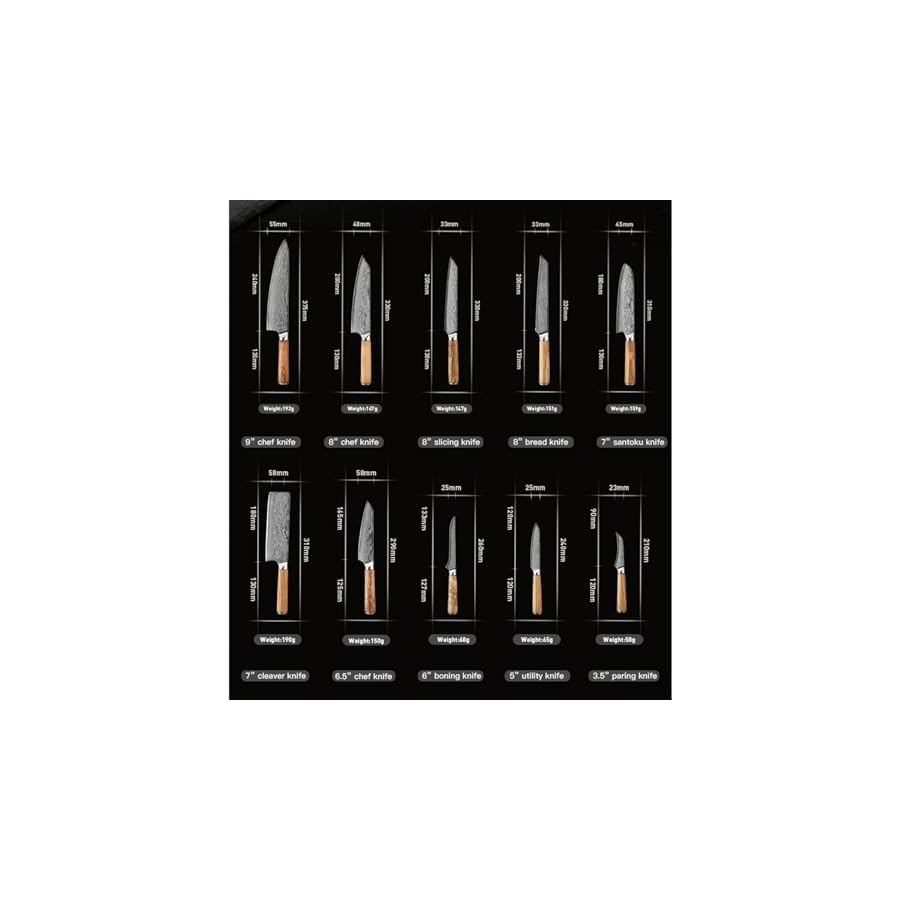 Knives Set for Kitchen Utensils Set for Damascus Steel Knife Set 10 PCS Solid Wood Handle, Japanese Damascus AUS-10Vcore,67 layers blade