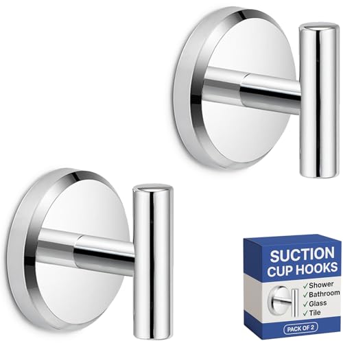 HOME SO Suction Cup Hooks for Shower & Bathroom Towel Holder 2-Pack Chrome