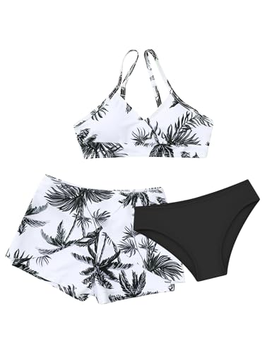 Yartina Girls Three Piece Swimsuit Tropical Printed Bikini with Beach Cover Ups Shorts Swimwear Set - Main Image