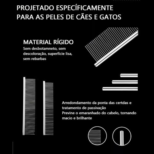 Pente Profissional para Pet em Aço Inoxidável, Desembaraçador de Pelos Pet, Dentes Duplos para Pelos