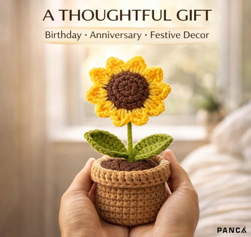 Image of PANCA Crochet Sunflower Pot - Artificial Sunflower for Office Desk, Car Dashboard & Home Decor | Handcrafted Yarn Flower in Pot, for Wedding, Bedroom (Sunflower in Brown Knitted Pot)