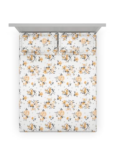 Image of DDECOR Live Beautiful 100% Compact Combed Cotton Floral King Flat Bedsheet with 2 Pillow Covers | Rotary Print 145TC | Perfect for Everyday Bedroom Use | Cresta Collection|2.24 x 2.54 M|Kumquat Yellow