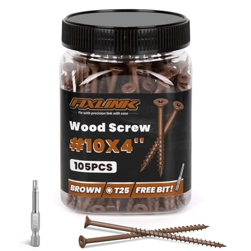 Image of Wood Screws 4 Inch, FIXLINK Deck Screws #10 x 4, 105 PCS, Epoxy Coated, T25 Star Bit Above 1500 Hour Salt Spray Coating Outdoor Decking Screws Excellent Rust Resistant for Wood Fence, Brown