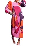 Women Colorful African Dress Floral Puff Long Sleeve Wedding Guest Party Pleated Maxi Dress