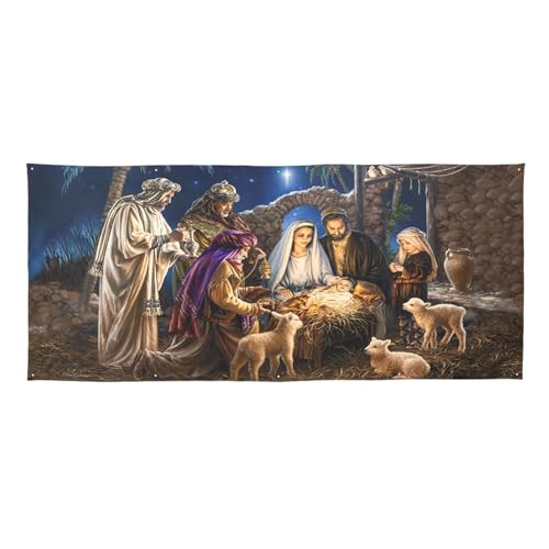 Evergreen Christmas Double Garage Door Cover Nativity Scene | Fits Standard 2 car Garage Door Size 13' x 6' | Large Home Banner Sign for Winter Indoor Outdoor Wall House Party Decor