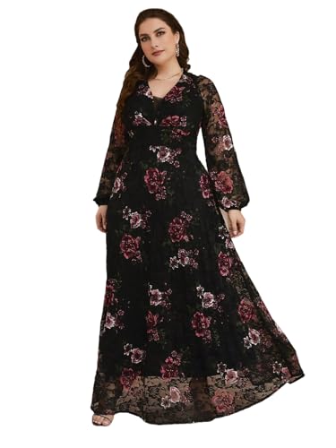 Image of Spring Summer 2024 Plus Size Womens Dresses V Neck Casual Elegant Long Sleeve Floral Print Maxi Dress