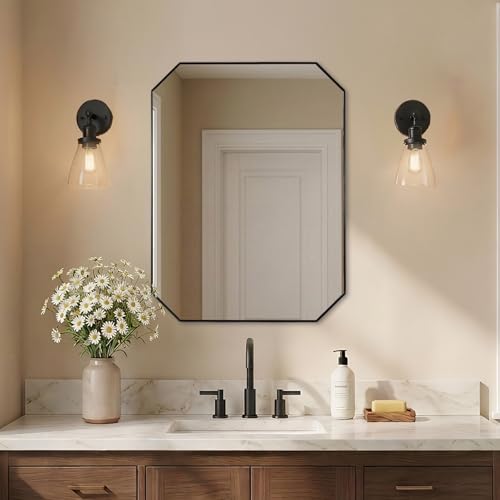 Image of ANDY STAR Black Octagon Bathroom Mirror, 24x32 Inch Stainless Steel Metal Frame, Anti-Rust, Shatterproof HD Glass, Wall Mounted for Bathroom, Bedroom, Living Room