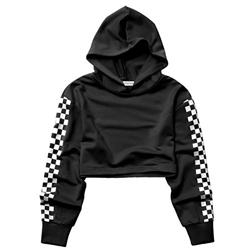 Image of Kids Girls Leather Plaid Long Sleeve Crop Top Hoddie Cropped Sweatershirts